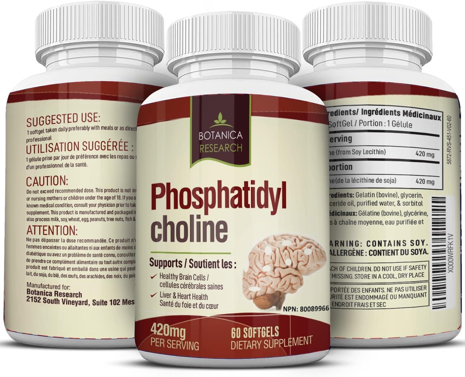 60 Capsules Botanica Research PhosphatidylCholine Complex: Natural Nootropic for Brain, Liver, & Cognitive Health