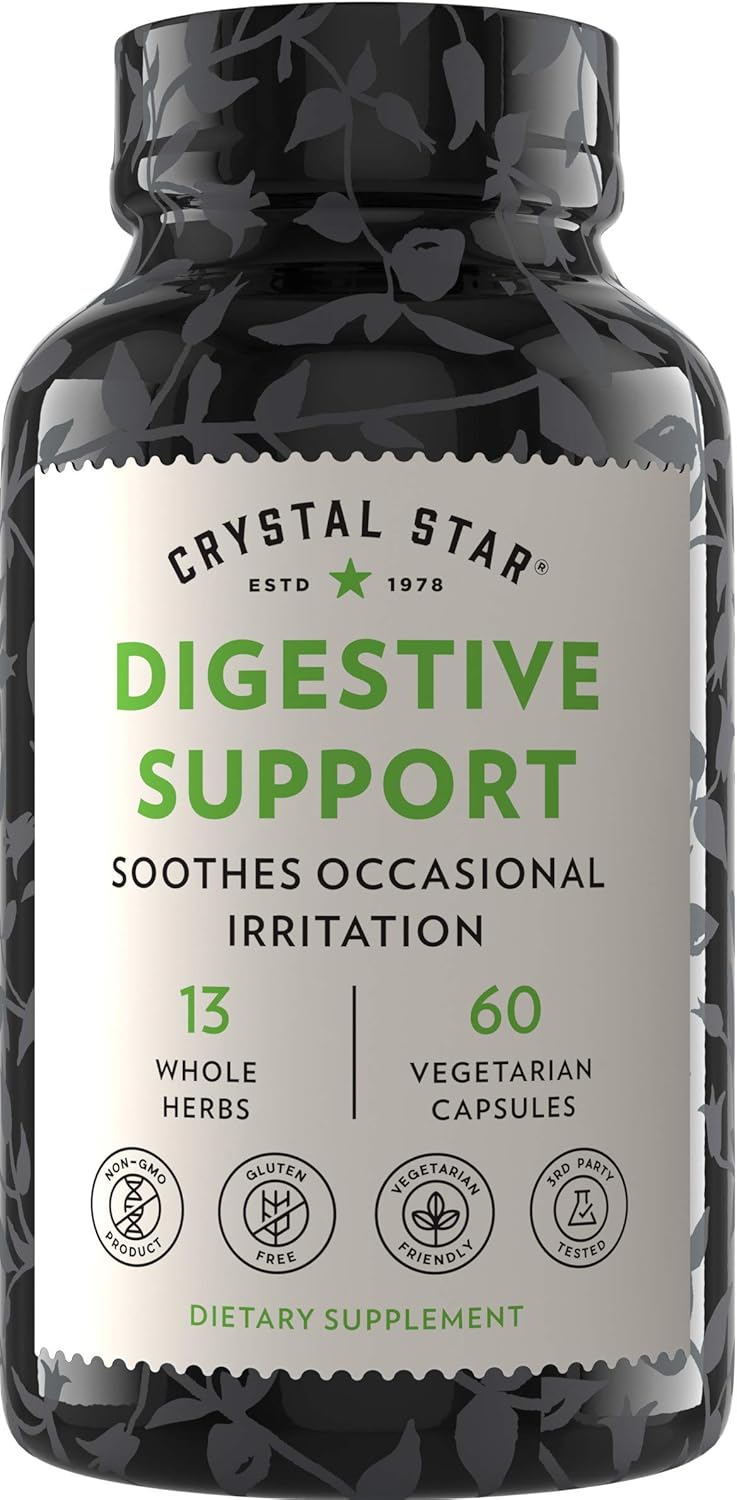 60 Capsules Crystal Star Digestive Support Supplement with Peppermint, Aloe Vera, Slippery Elm & Ginger - Herbal Gut Health Aid for Gas & Bloating - Non-GMO Formula - BoostGo Australia