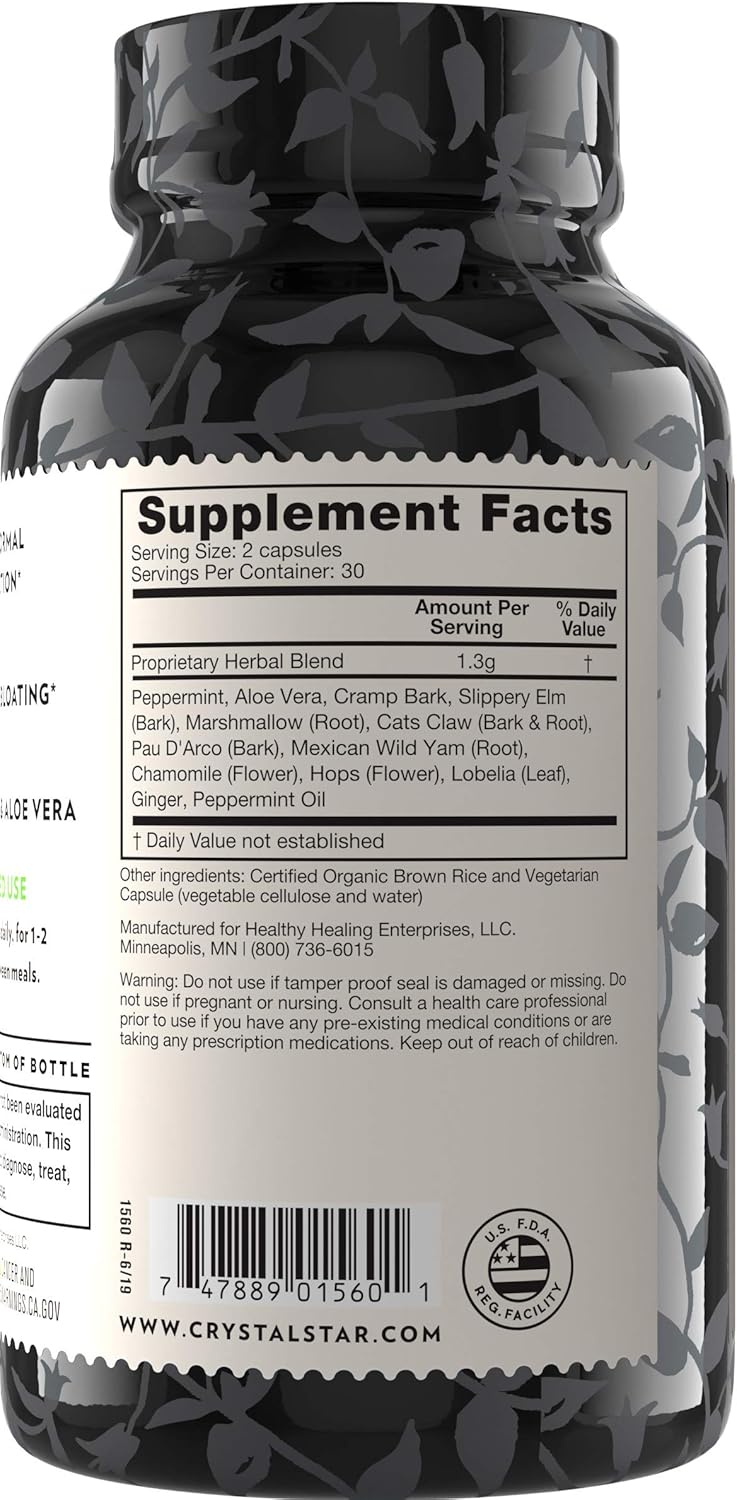60 Capsules Crystal Star Digestive Support Supplement with Peppermint, Aloe Vera, Slippery Elm & Ginger - Herbal Gut Health Aid for Gas & Bloating - Non-GMO Formula - BoostGo Australia
