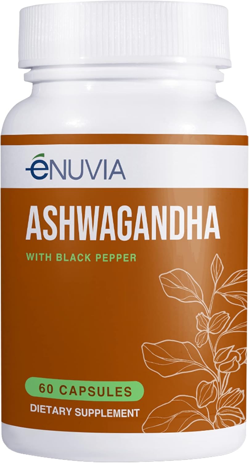 60 Capsules eNUVIA Ashwagandha Supplement with Black Pepper Extract for Enhanced Absorption - Natural Relief and Stamina Support, Vegan Formula Made in the USA
