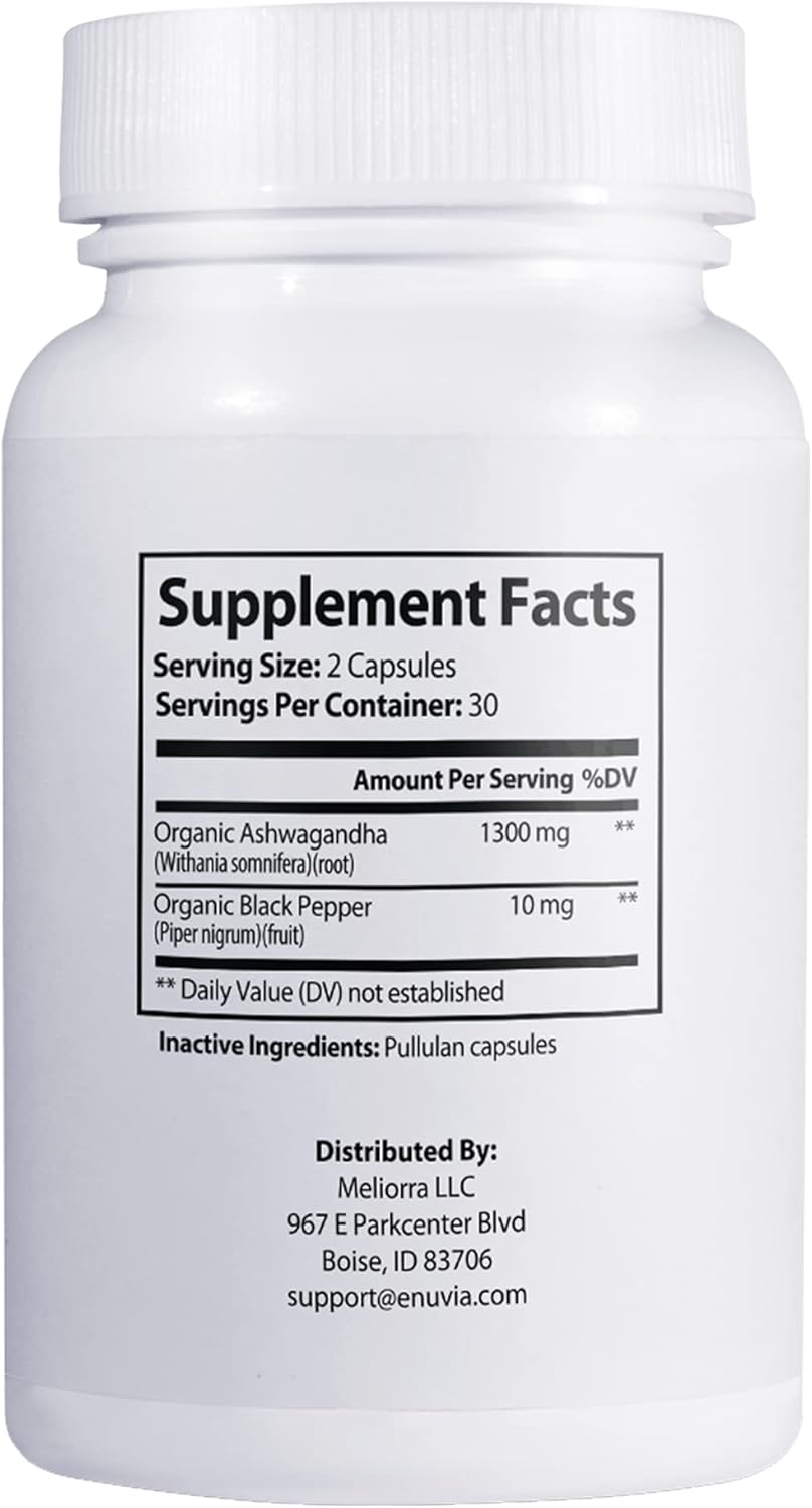 60 Capsules eNUVIA Ashwagandha Supplement with Black Pepper Extract for Enhanced Absorption - Natural Relief and Stamina Support, Vegan Formula Made in the USA