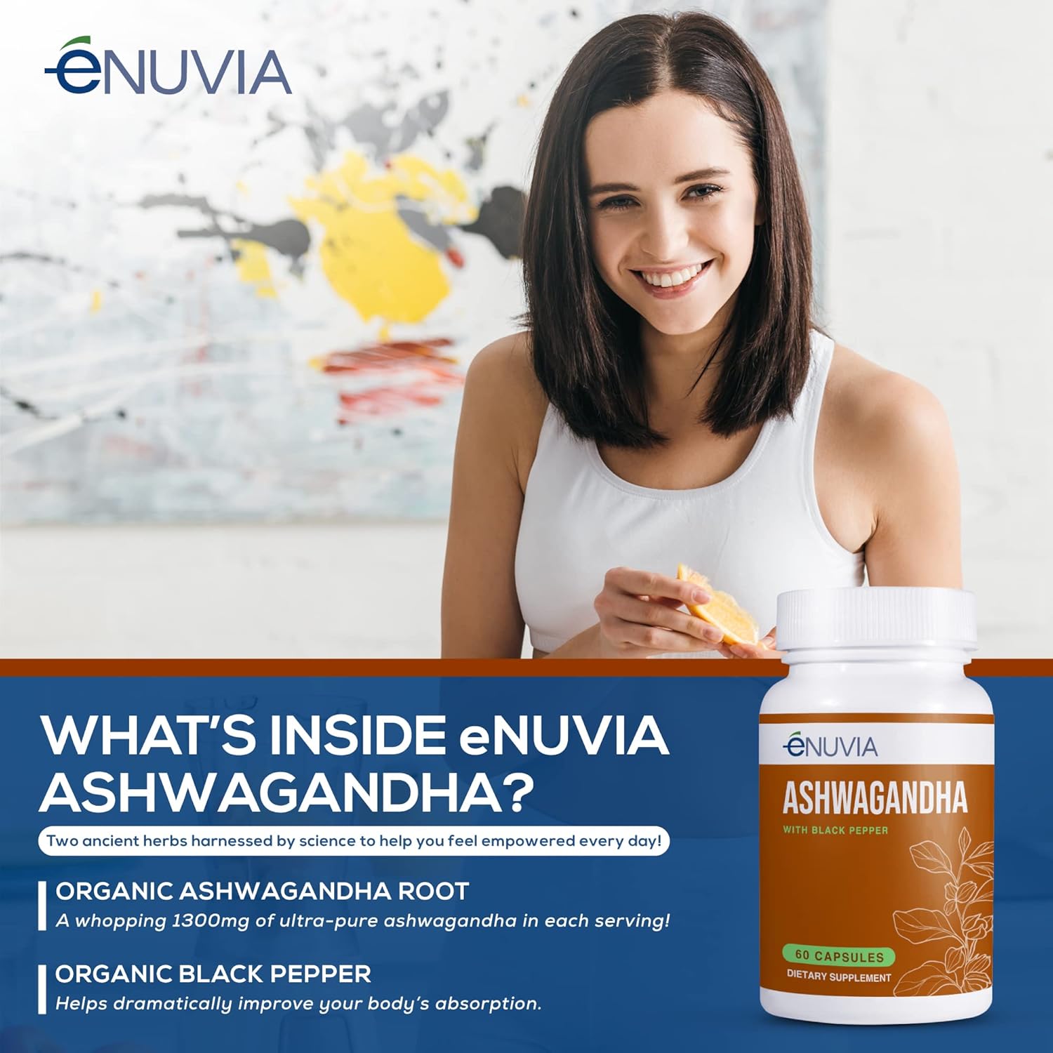 60 Capsules eNUVIA Ashwagandha Supplement with Black Pepper Extract for Enhanced Absorption - Natural Relief and Stamina Support, Vegan Formula Made in the USA
