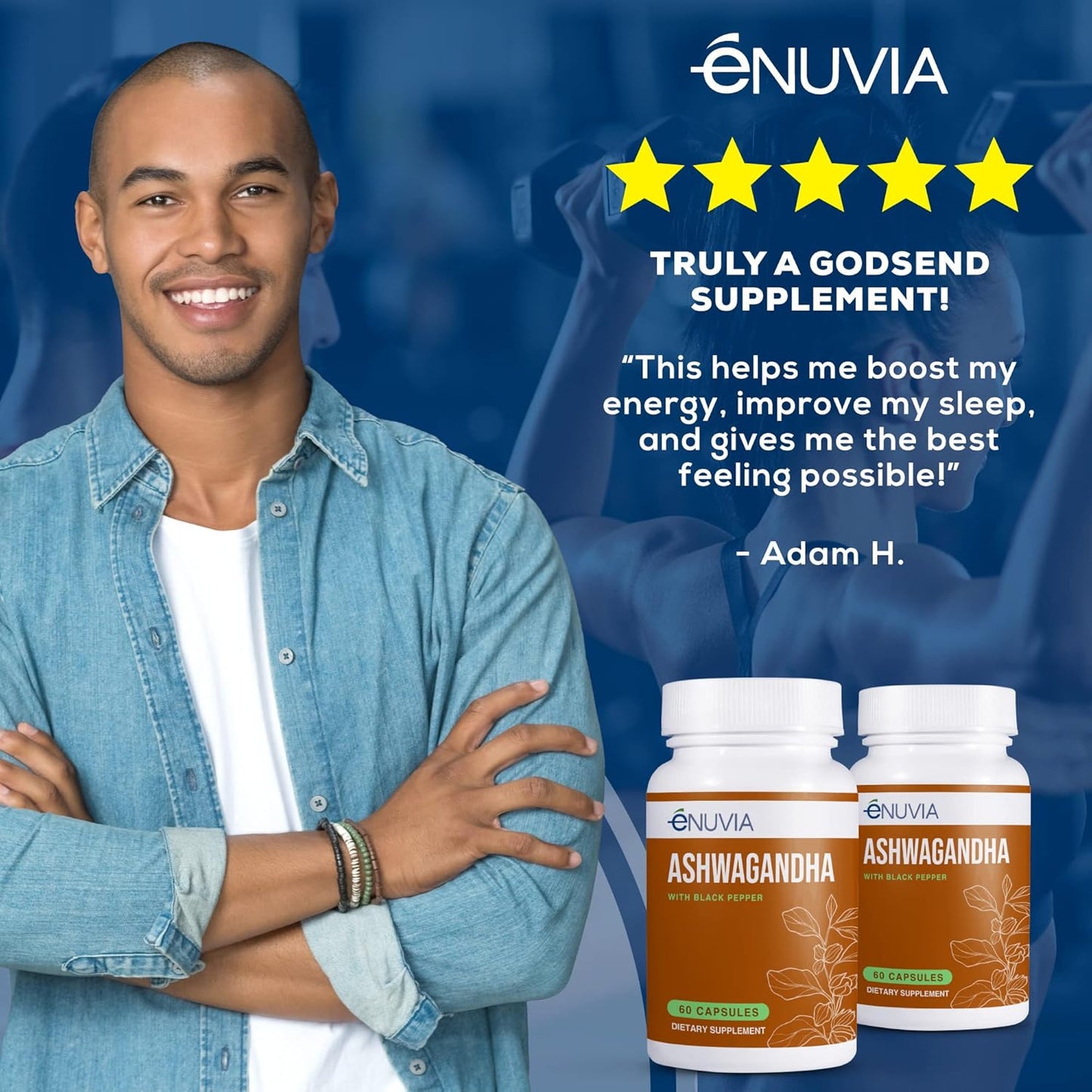 60 Capsules eNUVIA Ashwagandha Supplement with Black Pepper Extract for Enhanced Absorption - Natural Relief and Stamina Support, Vegan Formula Made in the USA