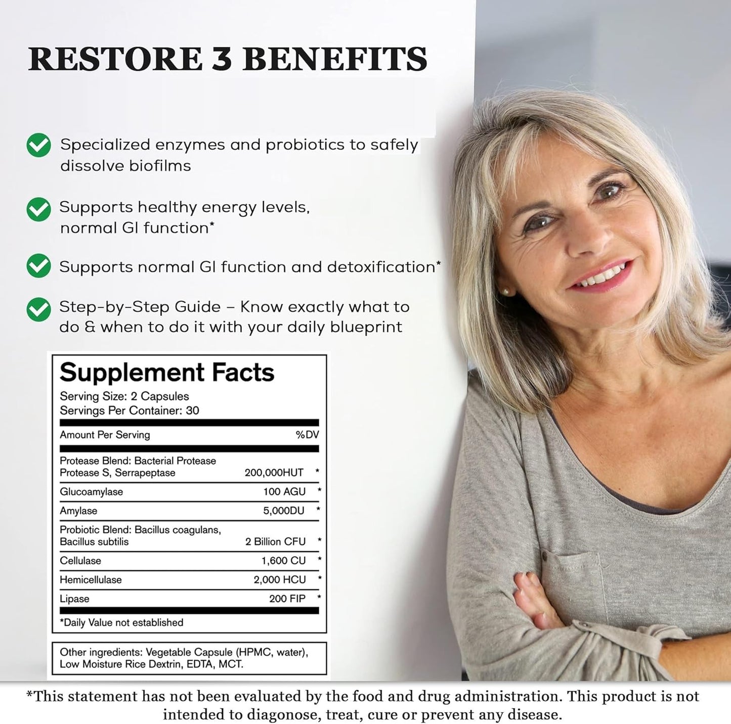 60 Capsules Native Formulas Restore 3 Enzyme & Probiotic Supplement - Biofilm Disruption Aid for GI Health, Fibromyalgia, Gut Flora