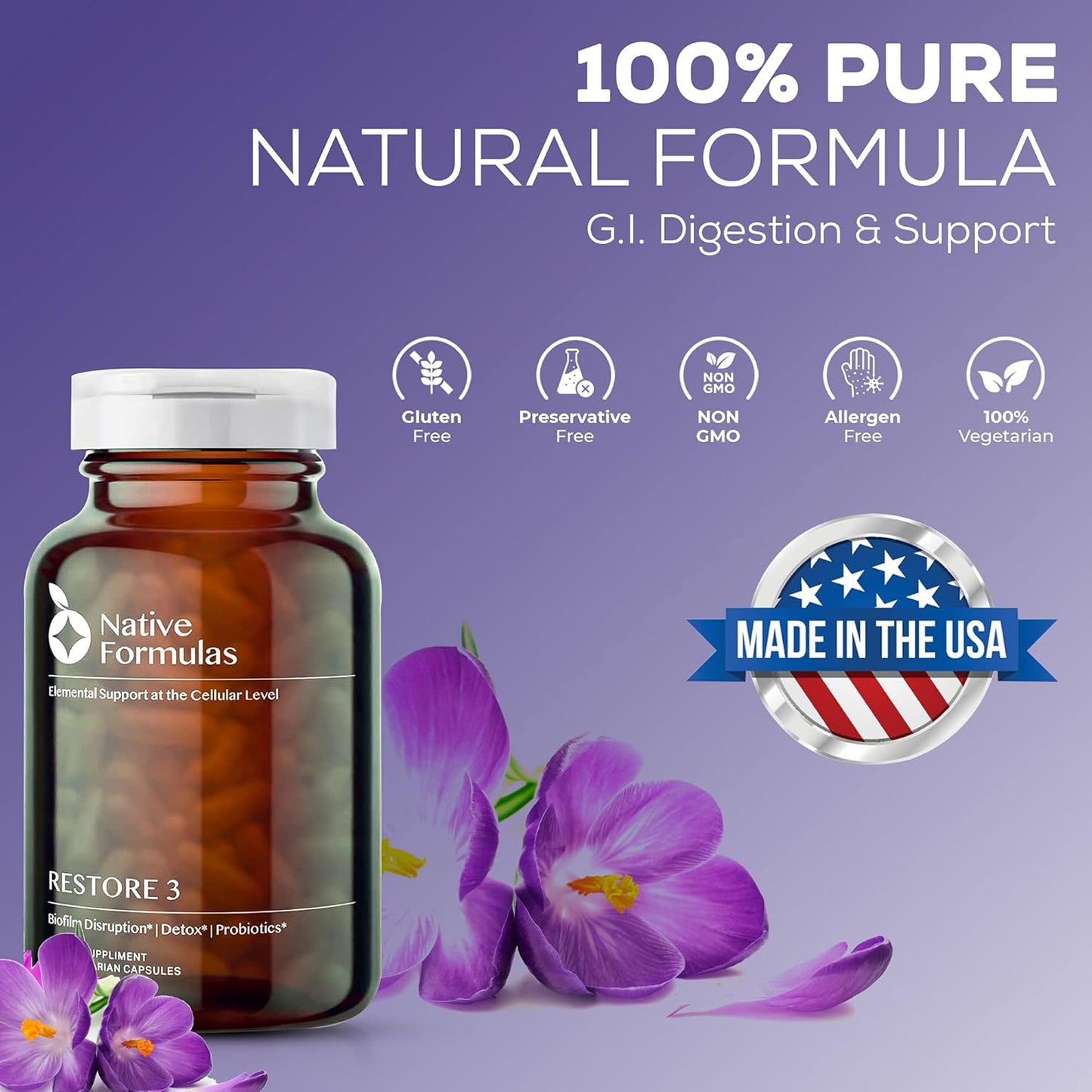 60 Capsules Native Formulas Restore 3 Enzyme & Probiotic Supplement - Biofilm Disruption Aid for GI Health, Fibromyalgia, Gut Flora
