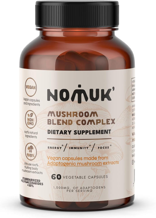 60 Capsules Nomuk Adaptogenic Mushroom Extract Blend with Lions Mane, Reishi, Cordyceps, and Chaga Supplement - BoostGo Australia
