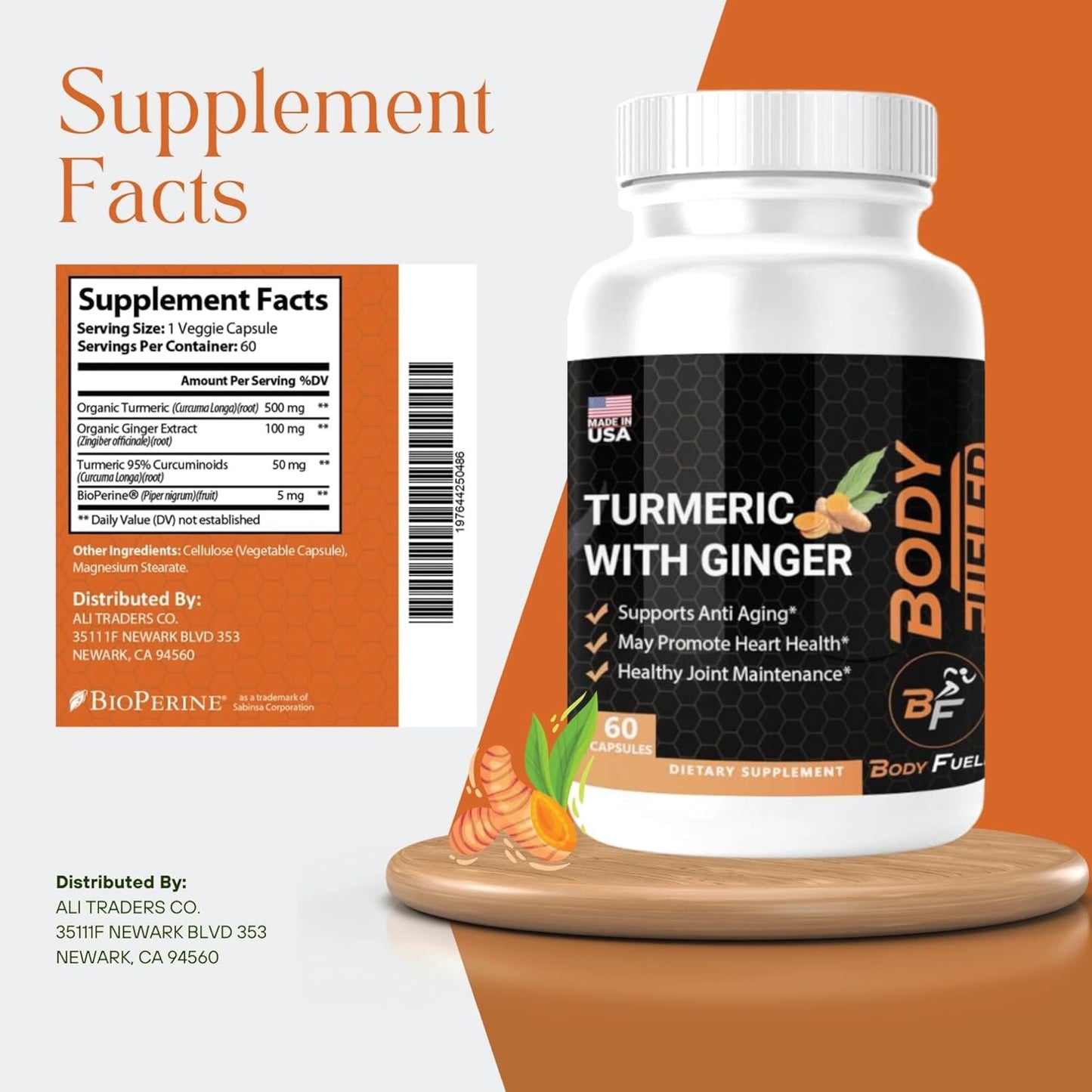 60 Capsules of BODY FUELER Turmeric, Black Pepper & Ginger - Herbal Supplements for Joint, Immune Support & Healthy Skin - USA Made
