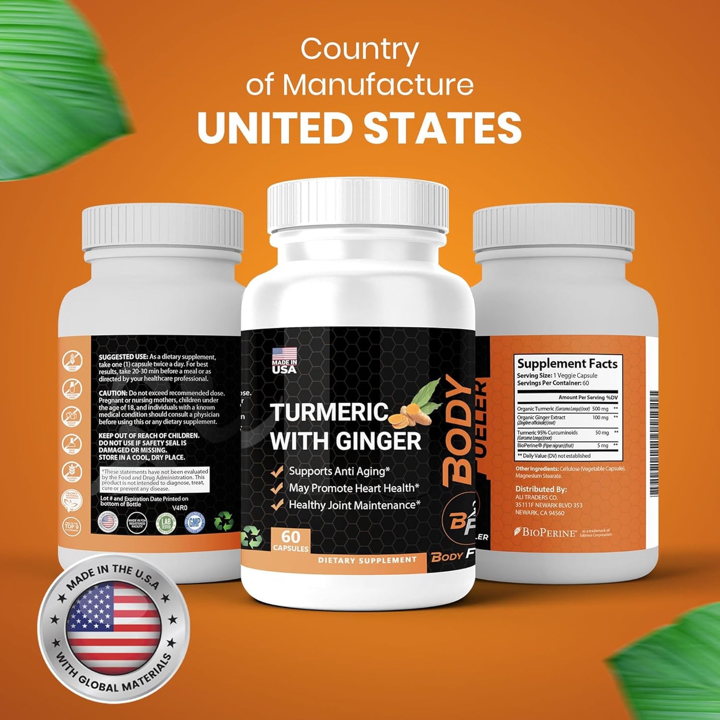 60 Capsules of BODY FUELER Turmeric, Black Pepper & Ginger - Herbal Supplements for Joint, Immune Support & Healthy Skin - USA Made