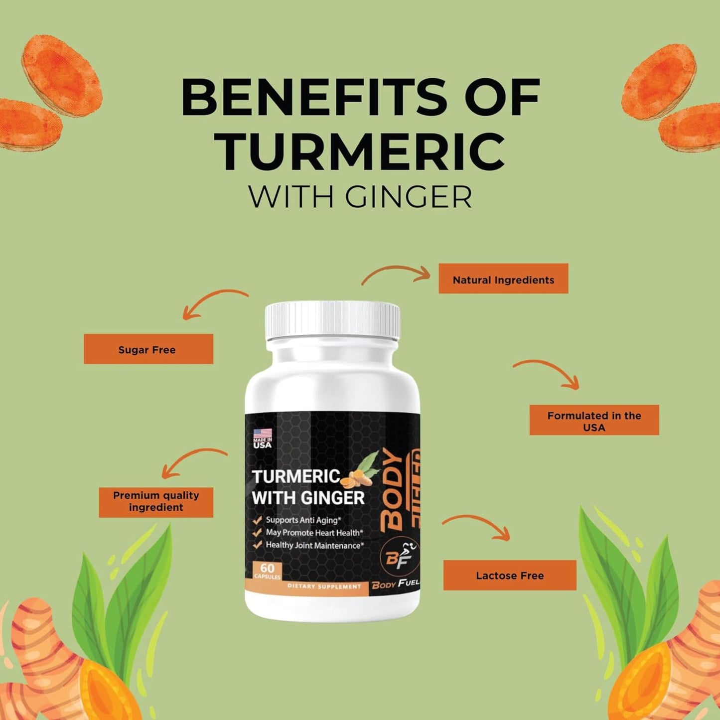 60 Capsules of BODY FUELER Turmeric, Black Pepper & Ginger - Herbal Supplements for Joint, Immune Support & Healthy Skin - USA Made