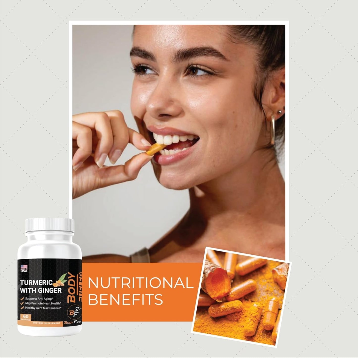 60 Capsules of BODY FUELER Turmeric, Black Pepper & Ginger - Herbal Supplements for Joint, Immune Support & Healthy Skin - USA Made