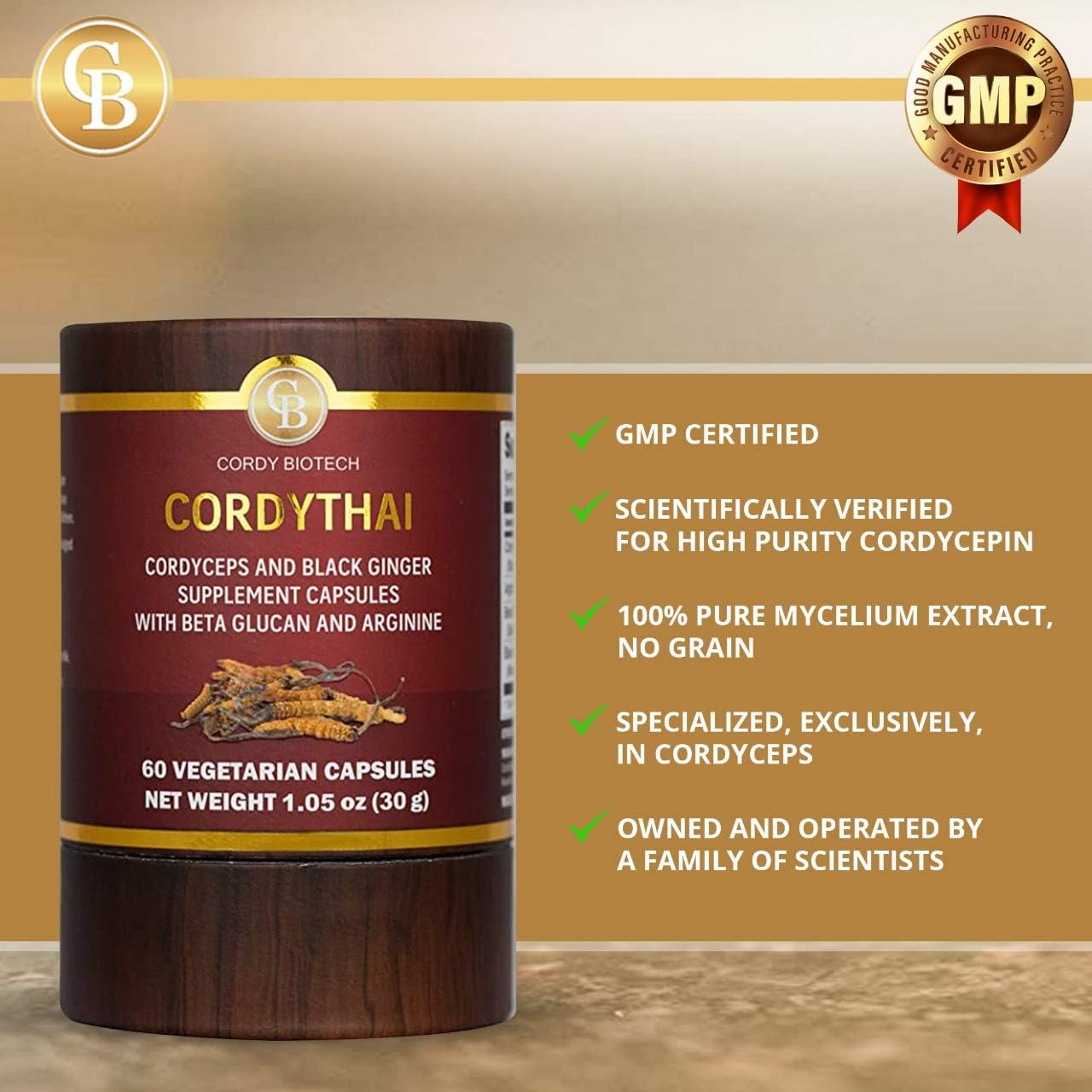 60 Capsules of CORDYTHAI Cordyceps Extract and Black Ginger Supplement - Boost Energy and Stamina