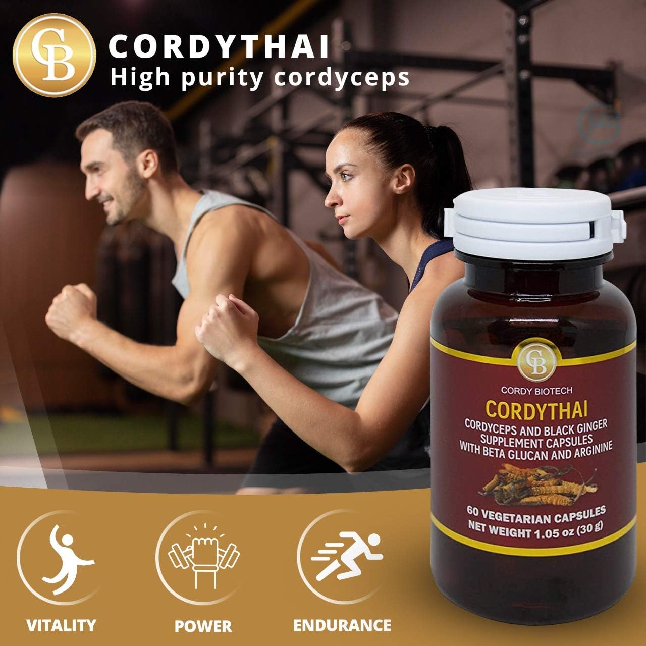 60 Capsules of CORDYTHAI Cordyceps Extract and Black Ginger Supplement - Boost Energy and Stamina
