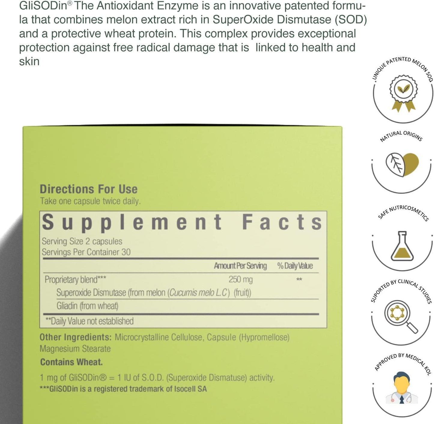 60 Capsules of GliSODin Skin Nutrients Antioxidant Enzyme for Reducing Oxidative Stress and Free Radical Damage - 1 Month Supply - BoostGo Australia