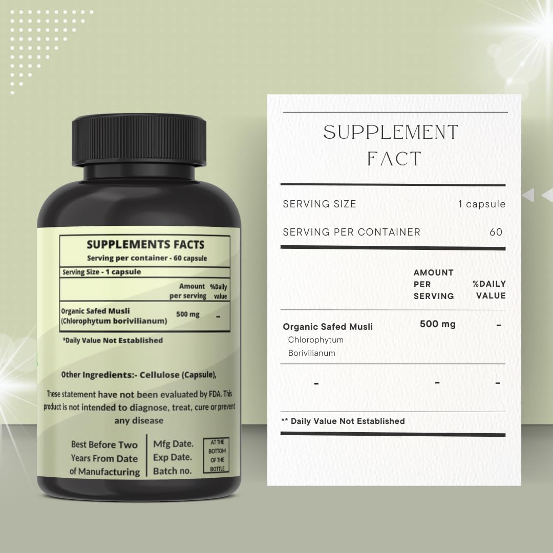 60 Capsules of Heroot Safed Musli Ayurvedic Herbal Supplement - Gluten Free, Non-GMO, Steam Processed