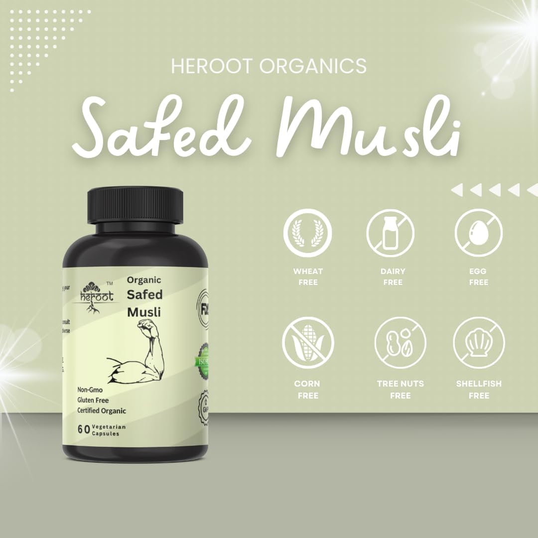 60 Capsules of Heroot Safed Musli Ayurvedic Herbal Supplement - Gluten Free, Non-GMO, Steam Processed