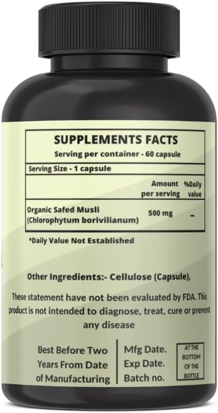 60 Capsules of Heroot Safed Musli Ayurvedic Herbal Supplement - Gluten Free, Non-GMO, Steam Processed