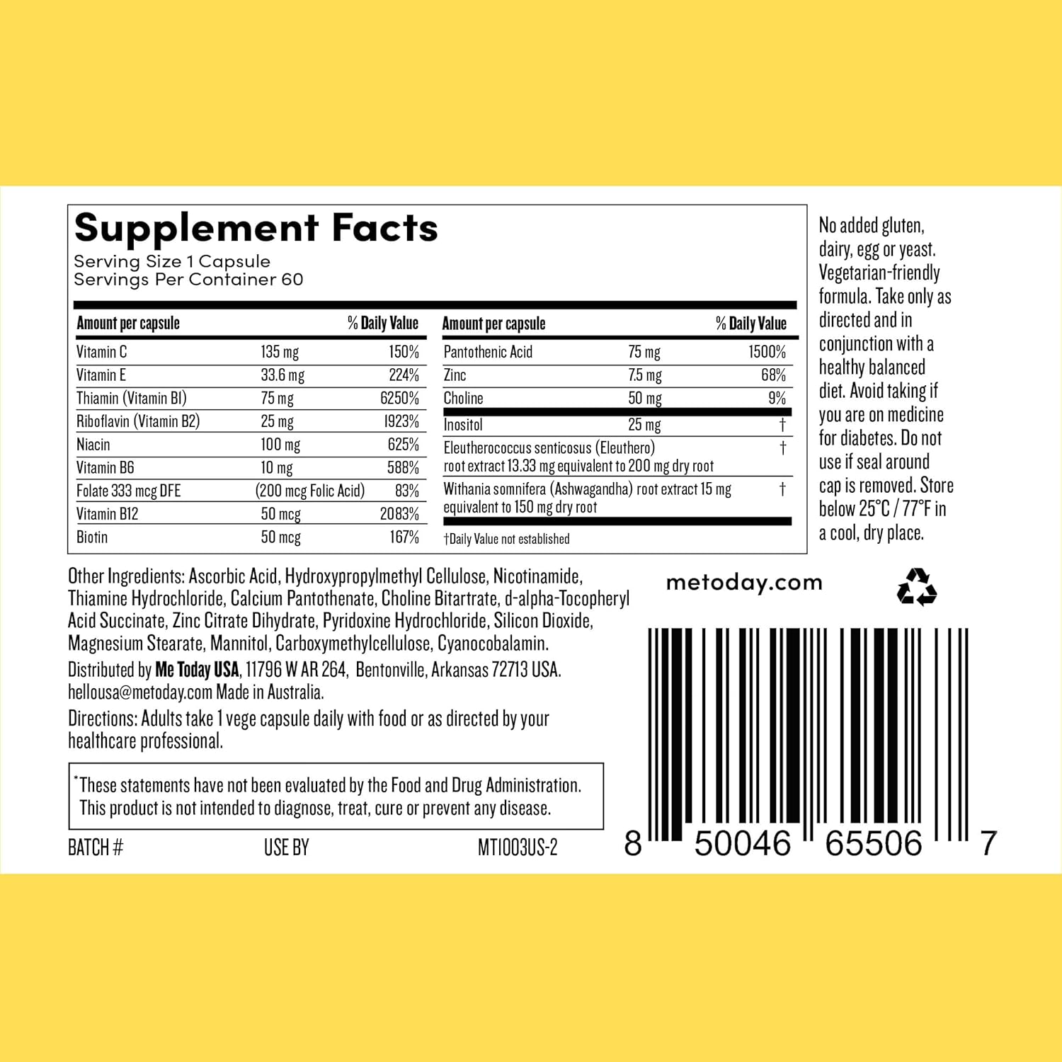 60 Capsules of High Strength B Vitamins, Vitamin C, Ashwagandha, and Zinc - Vegan Energy Supplement