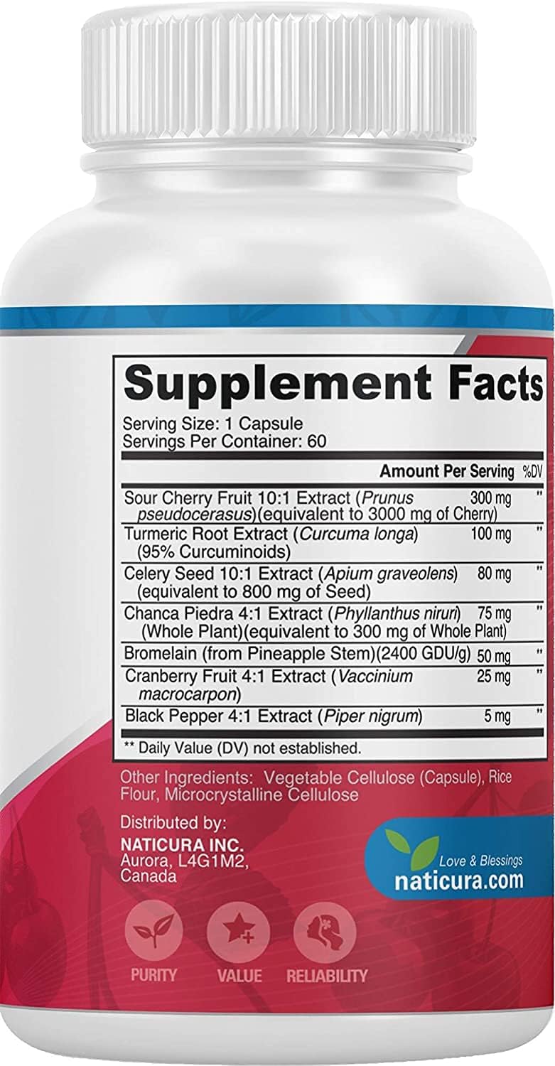 60 Capsules of Naticura Tart Cherry Uric Acid Cleanse with Turmeric, Cranberry, Pomegranate, Celery Seed Extract, and Bromelain for Joint and Muscle Support