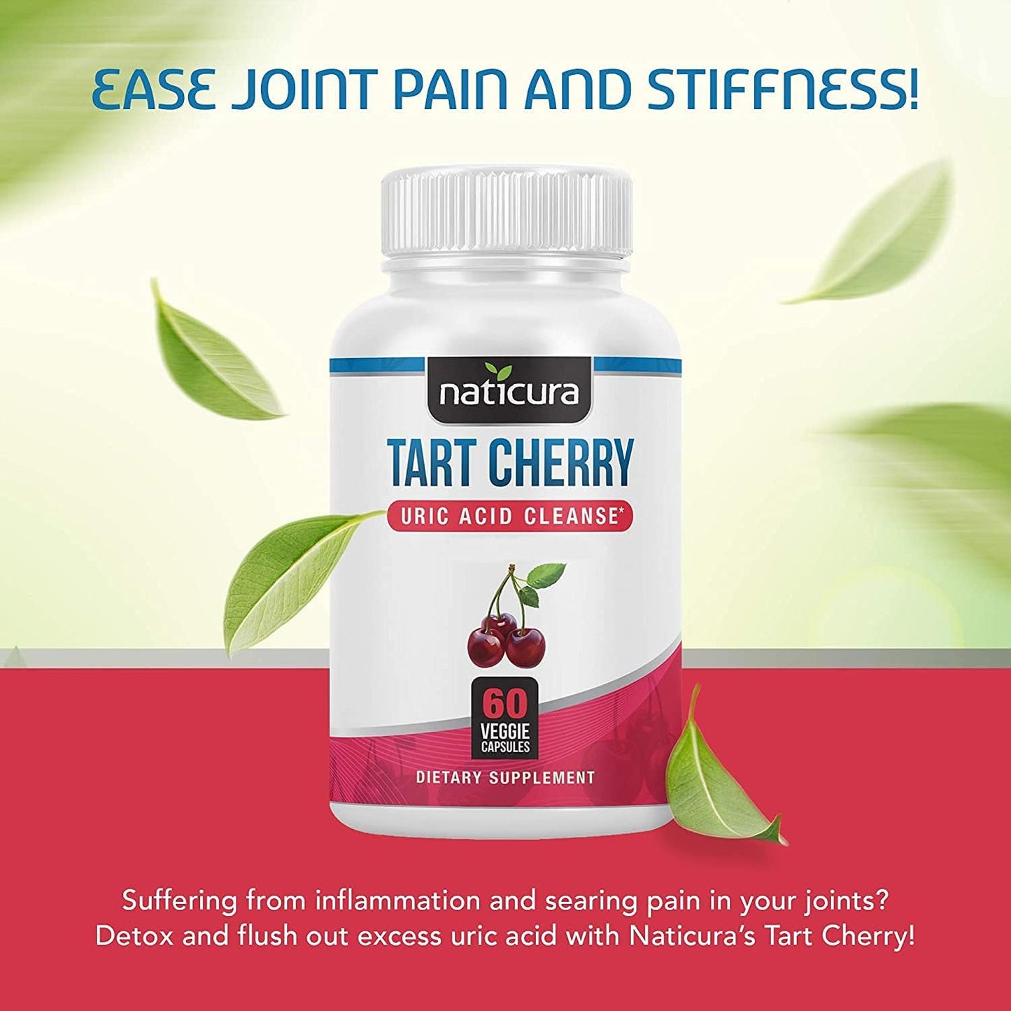 60 Capsules of Naticura Tart Cherry Uric Acid Cleanse with Turmeric, Cranberry, Pomegranate, Celery Seed Extract, and Bromelain for Joint and Muscle Support