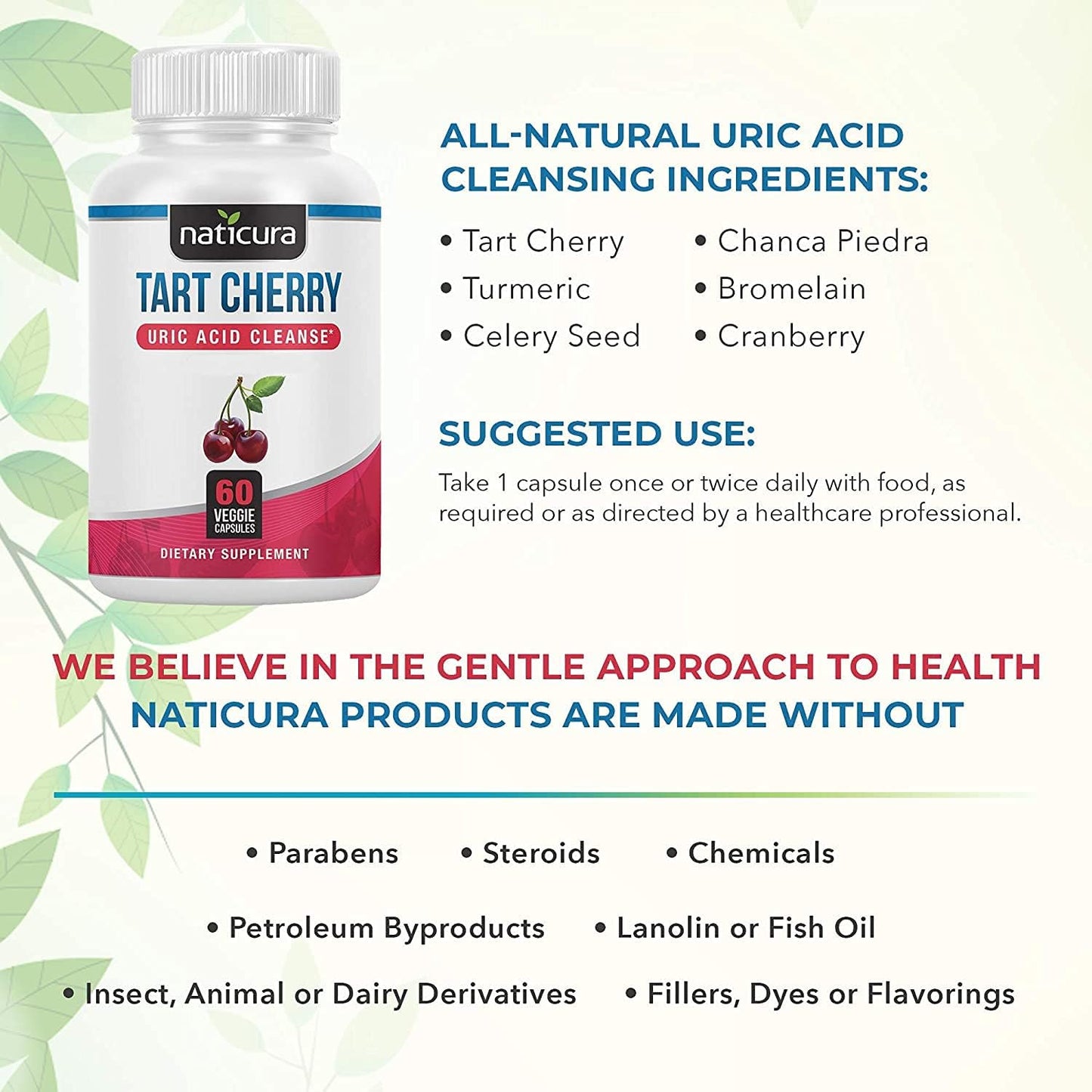 60 Capsules of Naticura Tart Cherry Uric Acid Cleanse with Turmeric, Cranberry, Pomegranate, Celery Seed Extract, and Bromelain for Joint and Muscle Support
