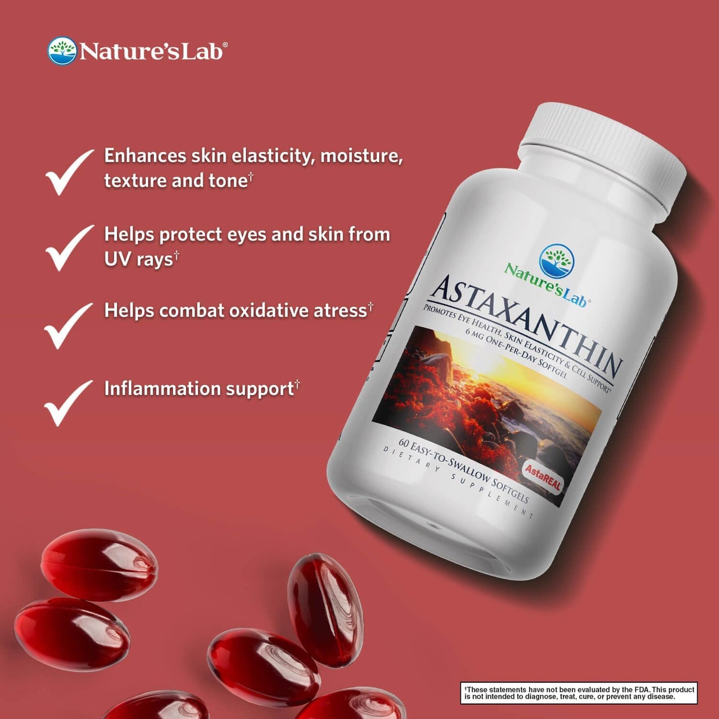60 Capsules of Nature's Lab AstaREAL Astaxanthin - 6mg Antioxidant Supplement for 2 Months