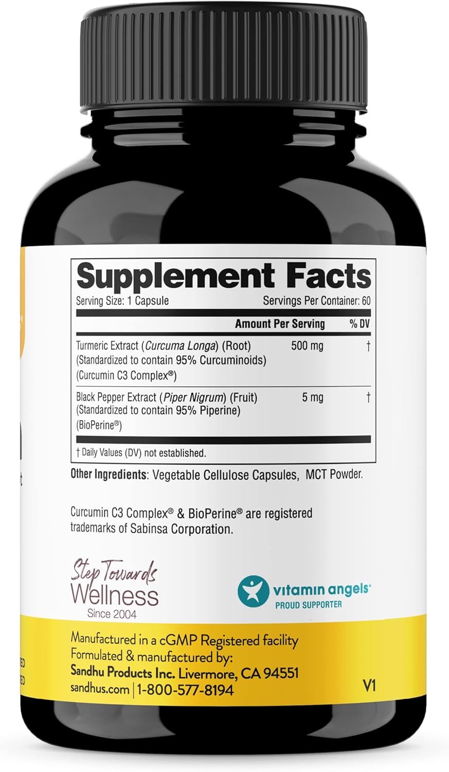60 Capsules of Sandhu's Non-GMO Curcumin C3 Complex with BioPerine for High Absorption Joint Support