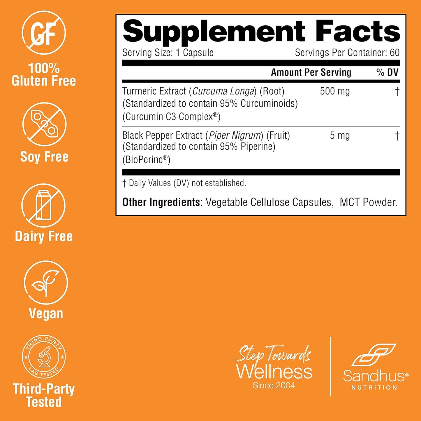 60 Capsules of Sandhu's Non-GMO Curcumin C3 Complex with BioPerine for High Absorption Joint Support