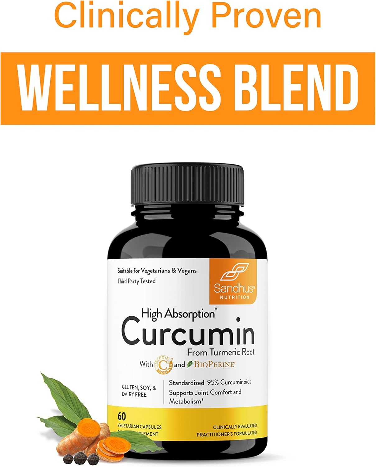 60 Capsules of Sandhu's Non-GMO Curcumin C3 Complex with BioPerine for High Absorption Joint Support