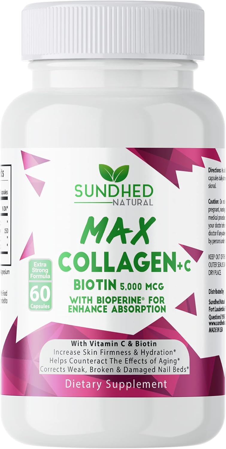 60 Capsules of Sundhed Natural Max Collagen Plus with Biotin & Bioperine for Anti-Aging Hydration & Skin Firmness - Boost Collagen Production for Stronger Bones & Nails