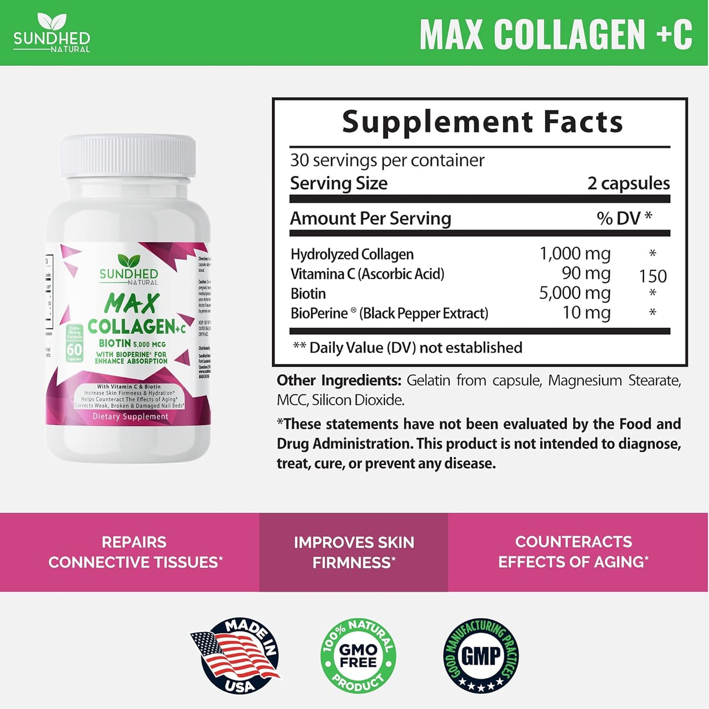 60 Capsules of Sundhed Natural Max Collagen Plus with Biotin & Bioperine for Anti-Aging Hydration & Skin Firmness - Boost Collagen Production for Stronger Bones & Nails