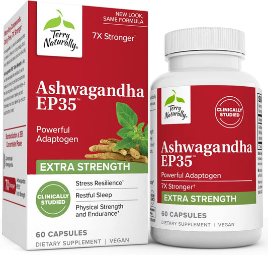 60 Capsules of Terry Naturally Ashwagandha EP35 Extra Strength - Non-GMO & Vegan - Powerful Adaptogen Supplement for 60 Servings