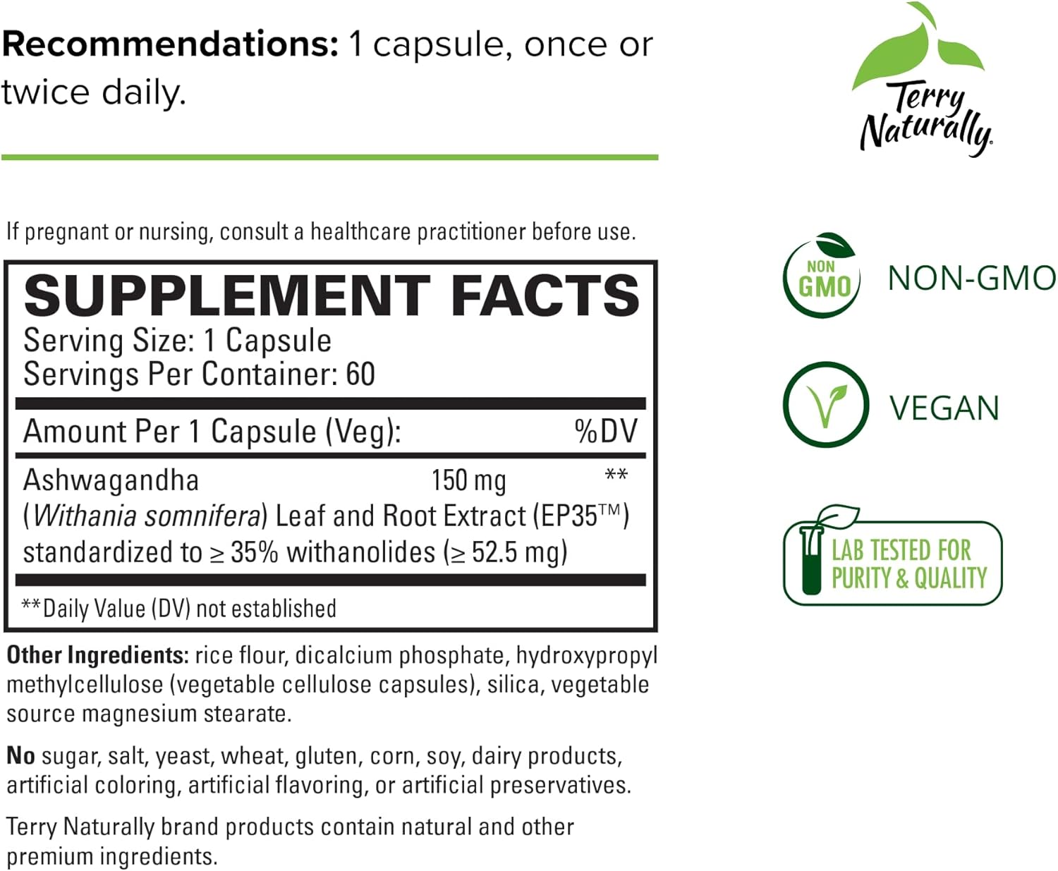 60 Capsules of Terry Naturally Ashwagandha EP35 Extra Strength - Non-GMO & Vegan - Powerful Adaptogen Supplement for 60 Servings