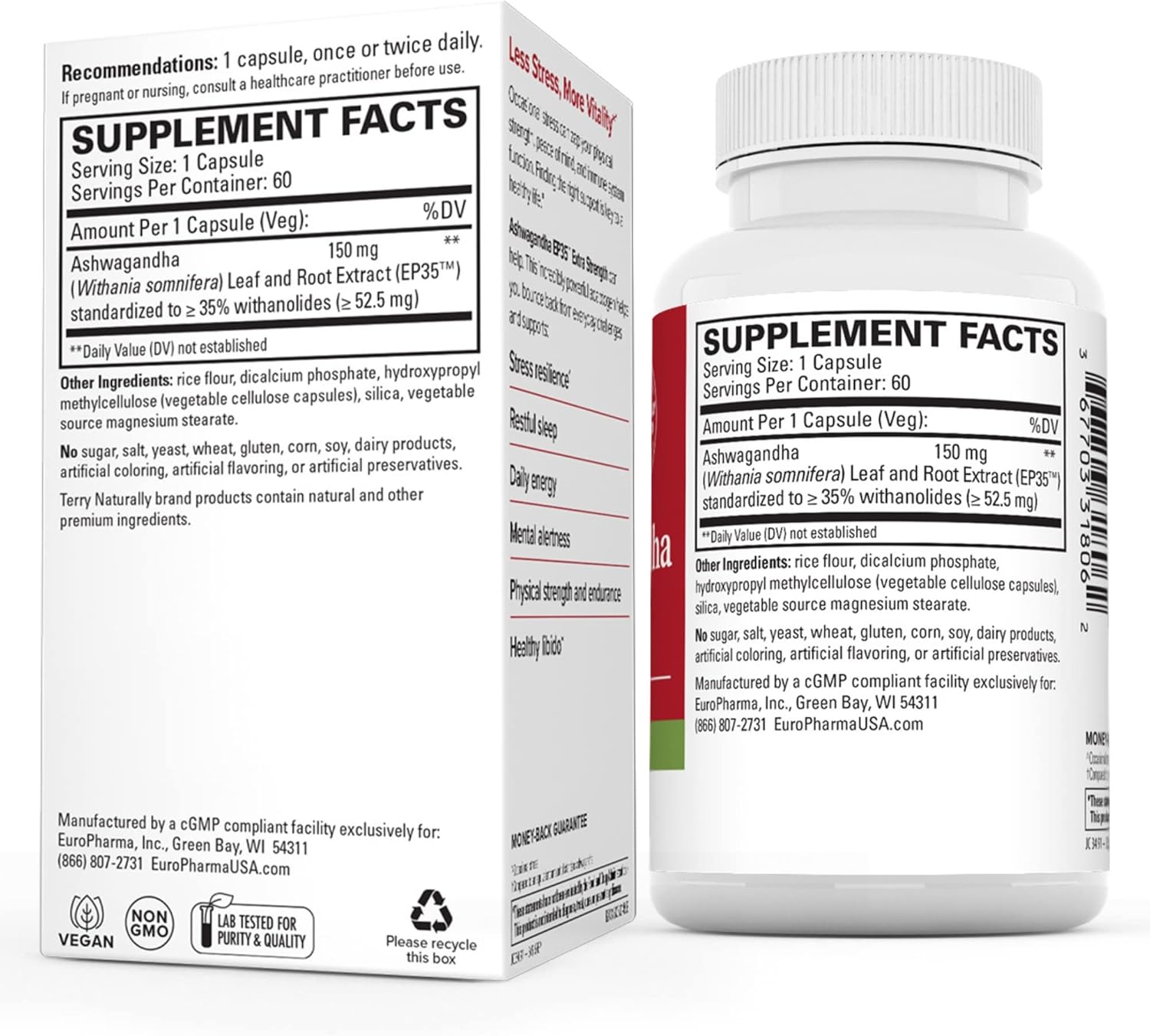 60 Capsules of Terry Naturally Ashwagandha EP35 Extra Strength - Non-GMO & Vegan - Powerful Adaptogen Supplement for 60 Servings