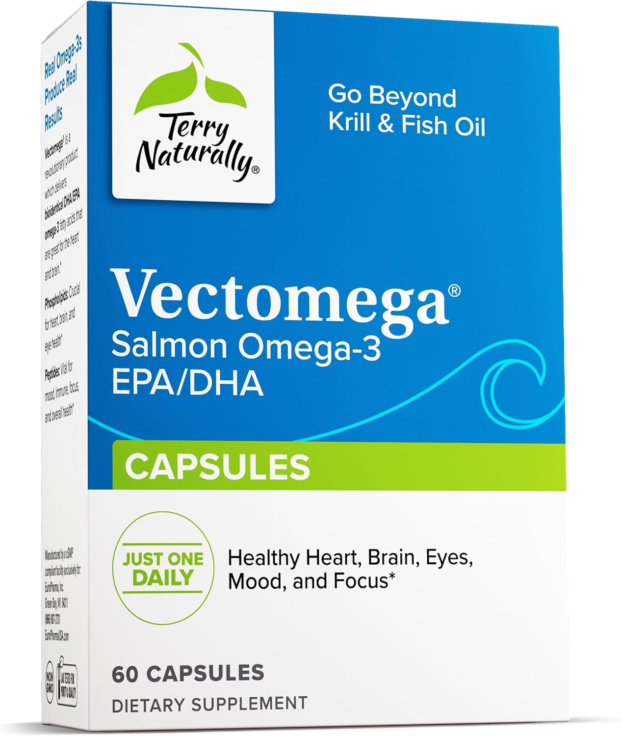60 Capsules of Terry Naturally Vectomega - Omega-3 from Salmon with EPA & DHA - Non-GMO, Gluten Free - 60 Servings