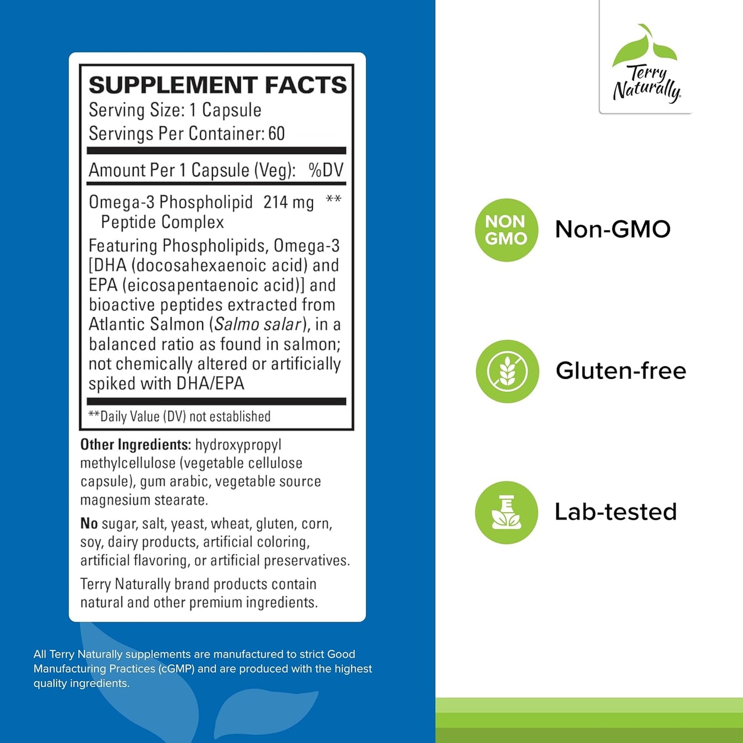 60 Capsules of Terry Naturally Vectomega - Omega-3 from Salmon with EPA & DHA - Non-GMO, Gluten Free - 60 Servings