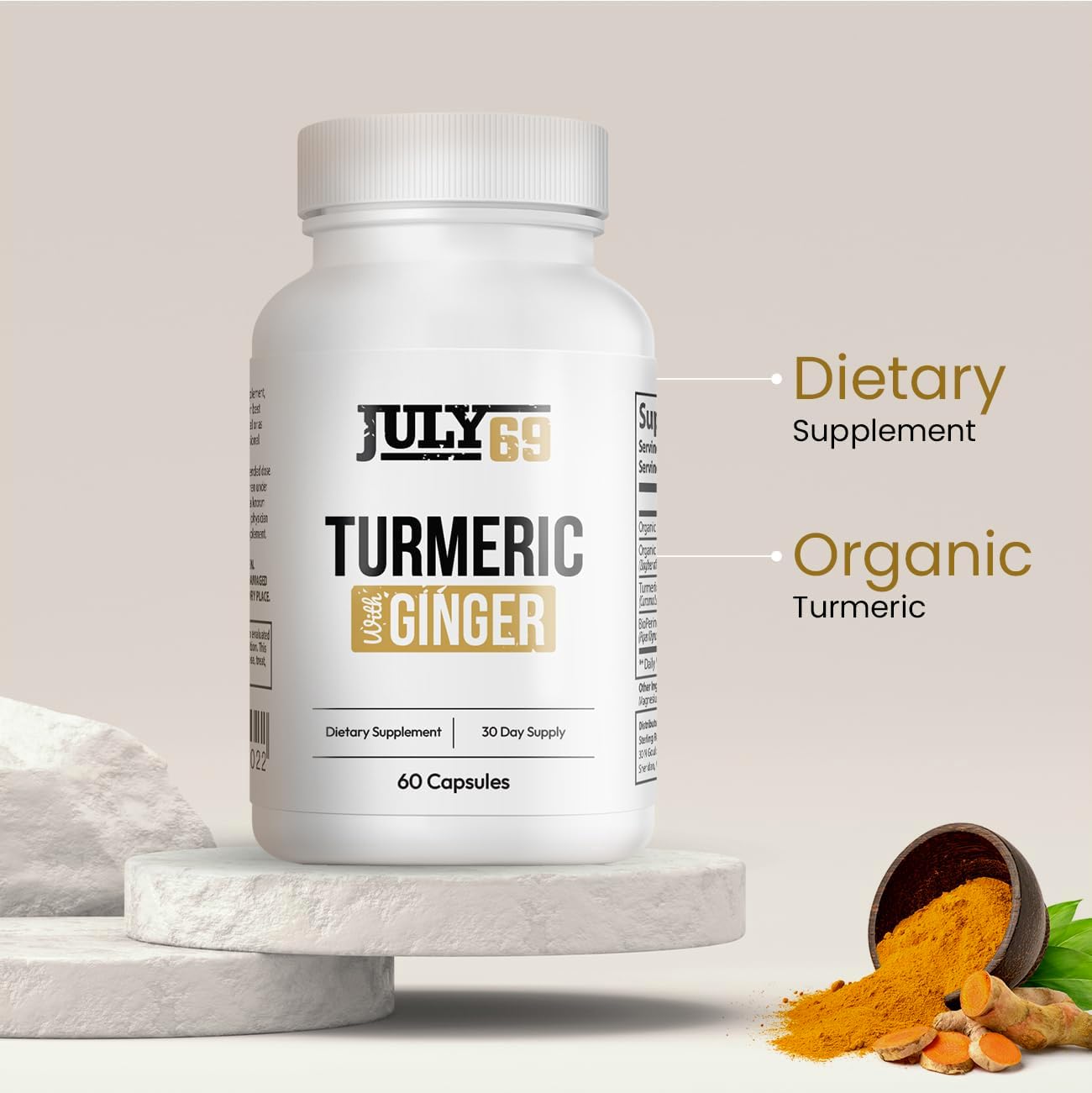 60 Capsules of Turmeric and Ginger Dietary Supplement with Bio Perine and 95% Curcuminoids - Herbal Wellness Product for Natural Support