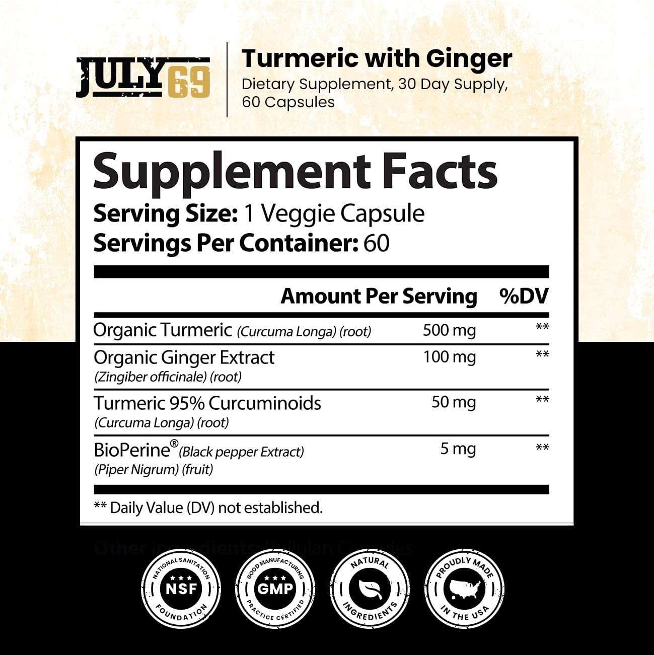 60 Capsules of Turmeric and Ginger Dietary Supplement with Bio Perine and 95% Curcuminoids - Herbal Wellness Product for Natural Support