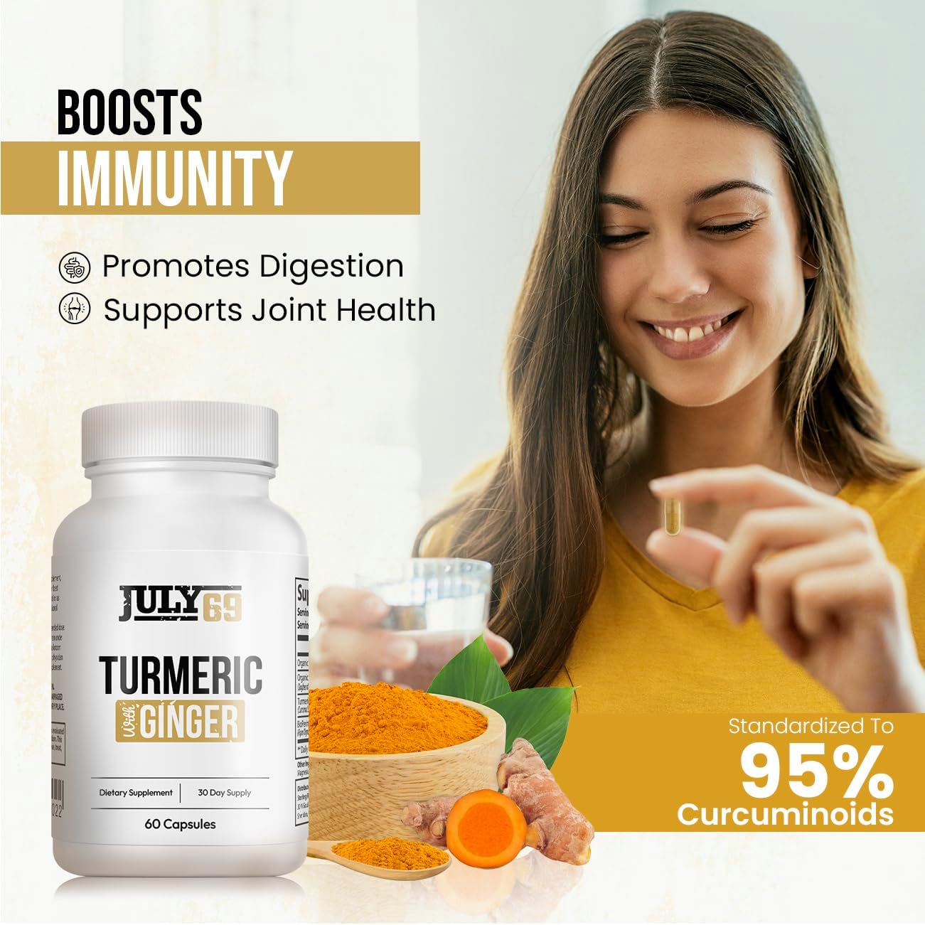 60 Capsules of Turmeric and Ginger Dietary Supplement with Bio Perine and 95% Curcuminoids - Herbal Wellness Product for Natural Support