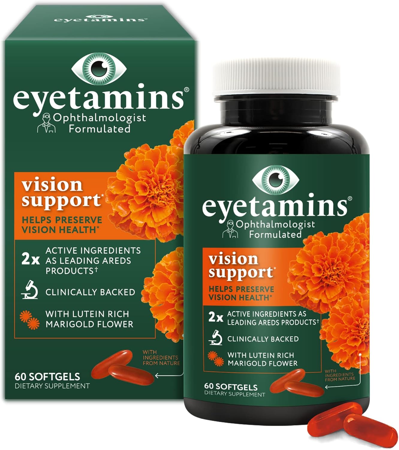 60 Capsules of Vegan Vision Support with Ophthalmologist-Formulated Lutein and Zeaxanthin for Eye Health