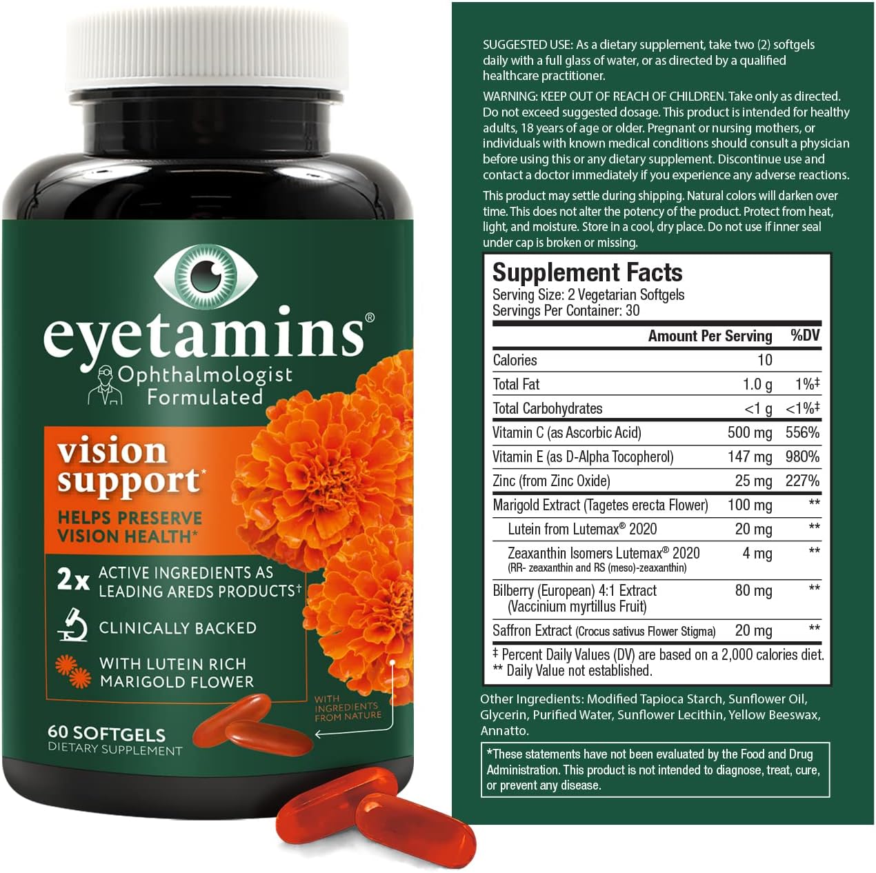 60 Capsules of Vegan Vision Support with Ophthalmologist-Formulated Lutein and Zeaxanthin for Eye Health