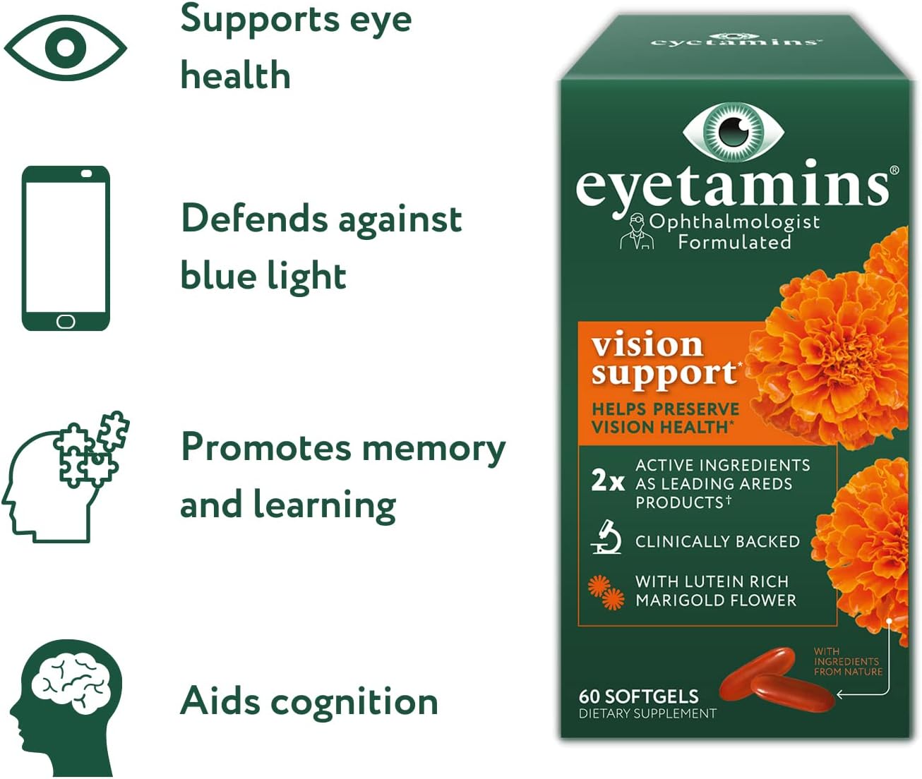 60 Capsules of Vegan Vision Support with Ophthalmologist-Formulated Lutein and Zeaxanthin for Eye Health