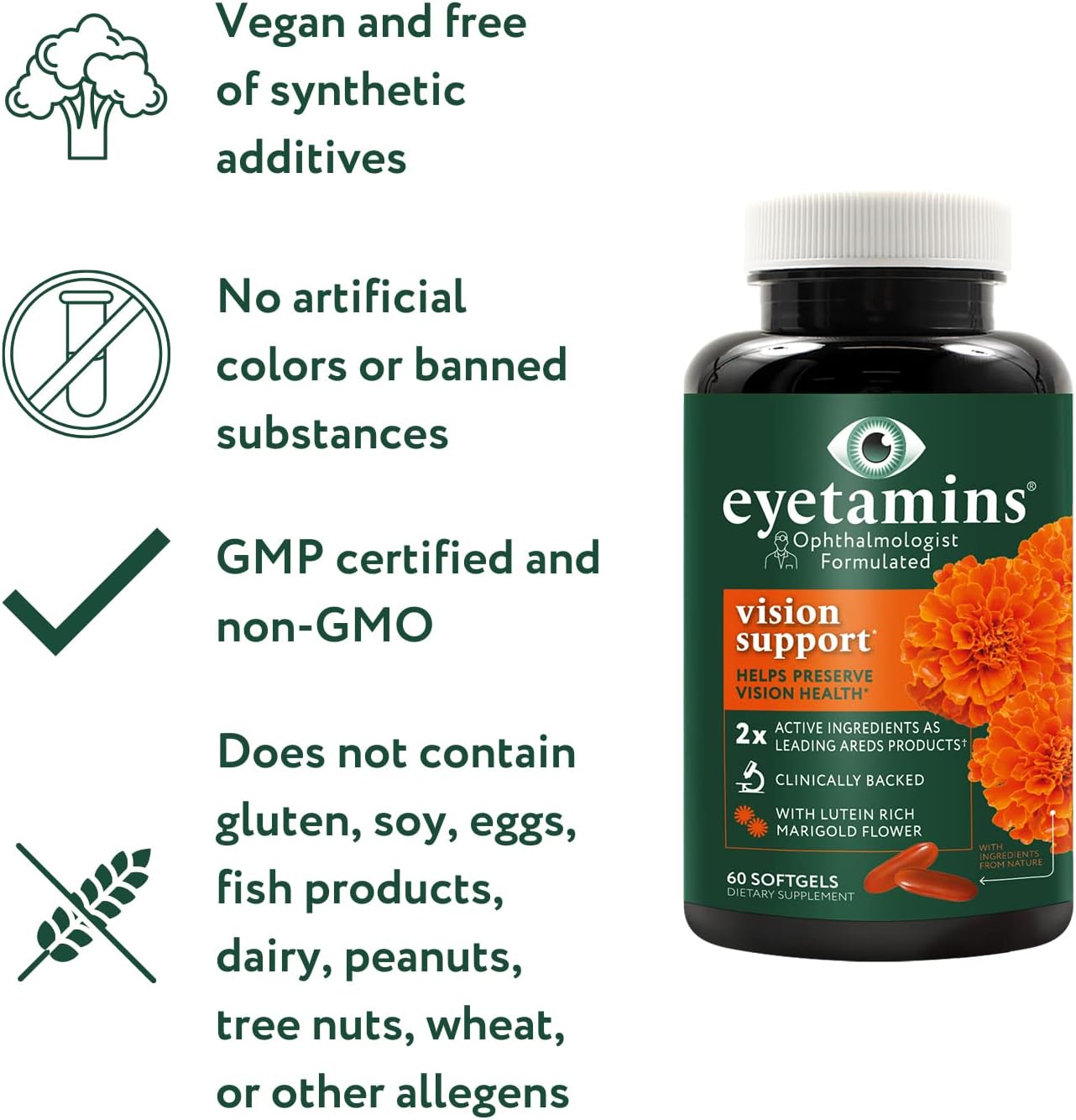 60 Capsules of Vegan Vision Support with Ophthalmologist-Formulated Lutein and Zeaxanthin for Eye Health