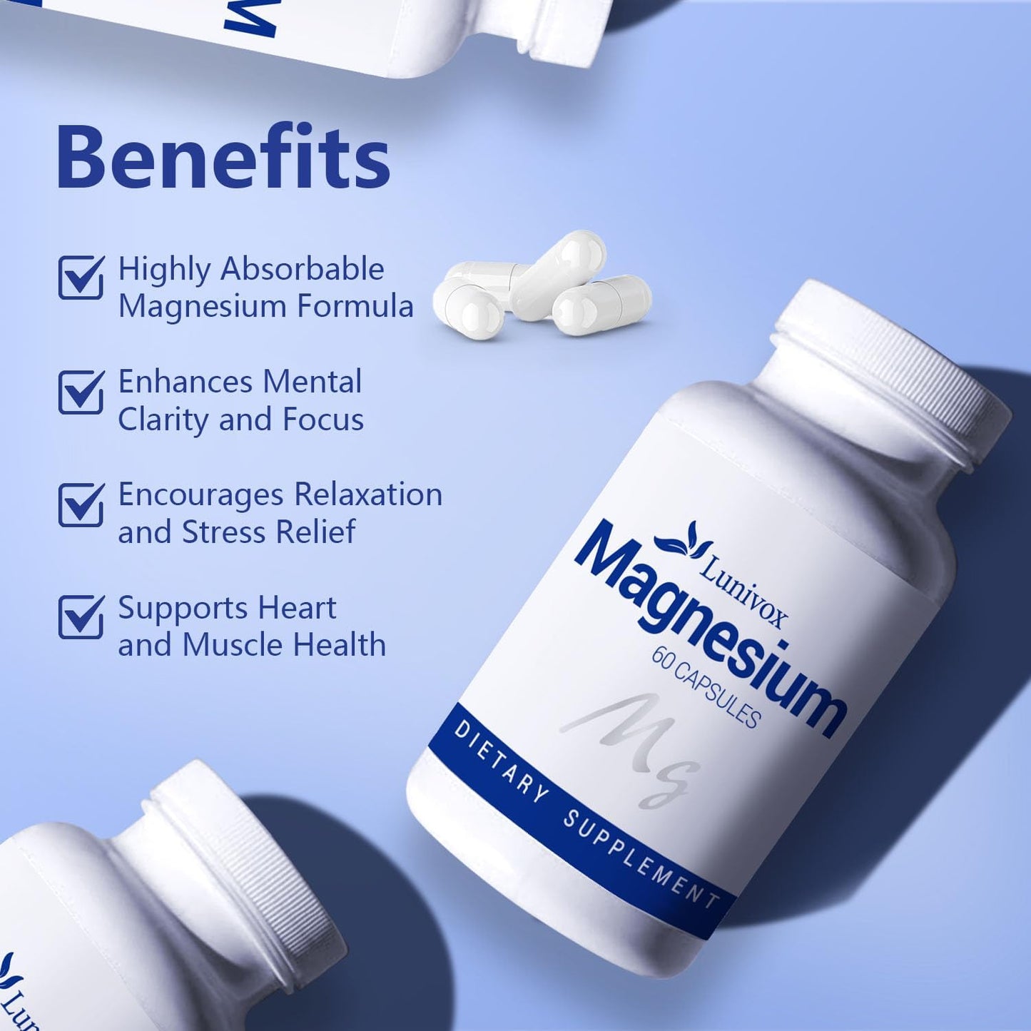 60 Capsules of Wanerbsr Magnesium Glycinate Supplement for Muscle Relaxation, Sleep, Bone Health & Heart Function