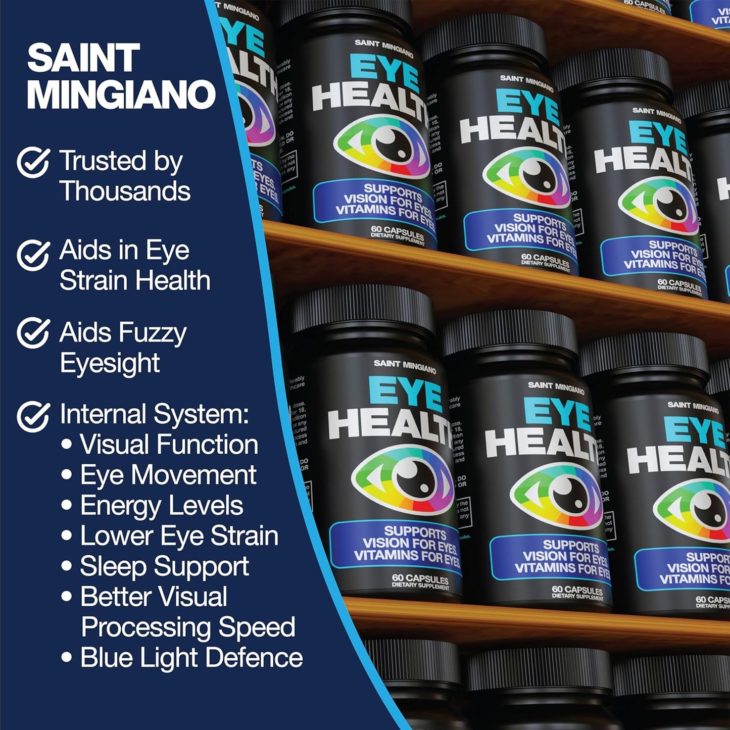 60 Capsules Saint Mingiano Eye Health & Vision Vitamin Supplement - Supports Eye Strain, Dry Eyes, & Vision Health - Promotes Ocular & Macular Health, Aids Blue Light Strain - 14 Active Ingredients