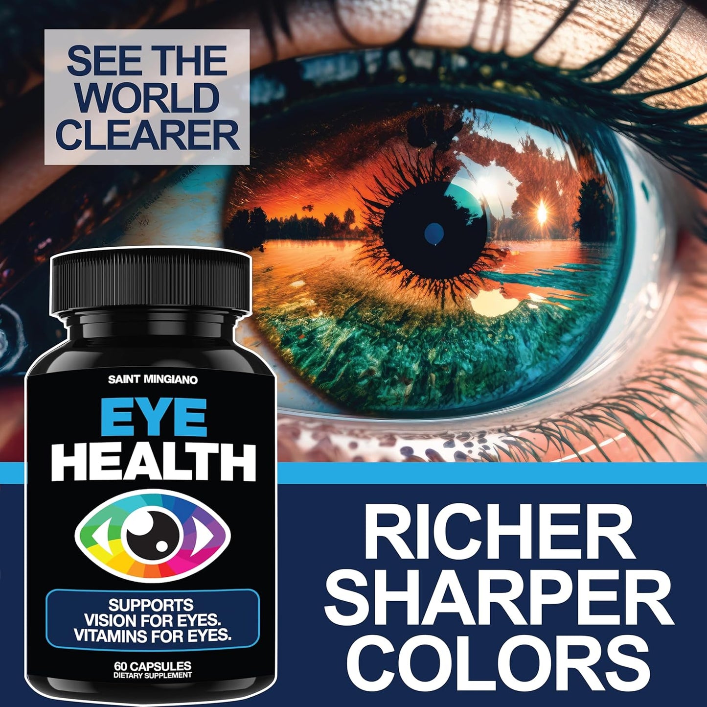 60 Capsules Saint Mingiano Eye Health & Vision Vitamin Supplement - Supports Eye Strain, Dry Eyes, & Vision Health - Promotes Ocular & Macular Health, Aids Blue Light Strain - 14 Active Ingredients