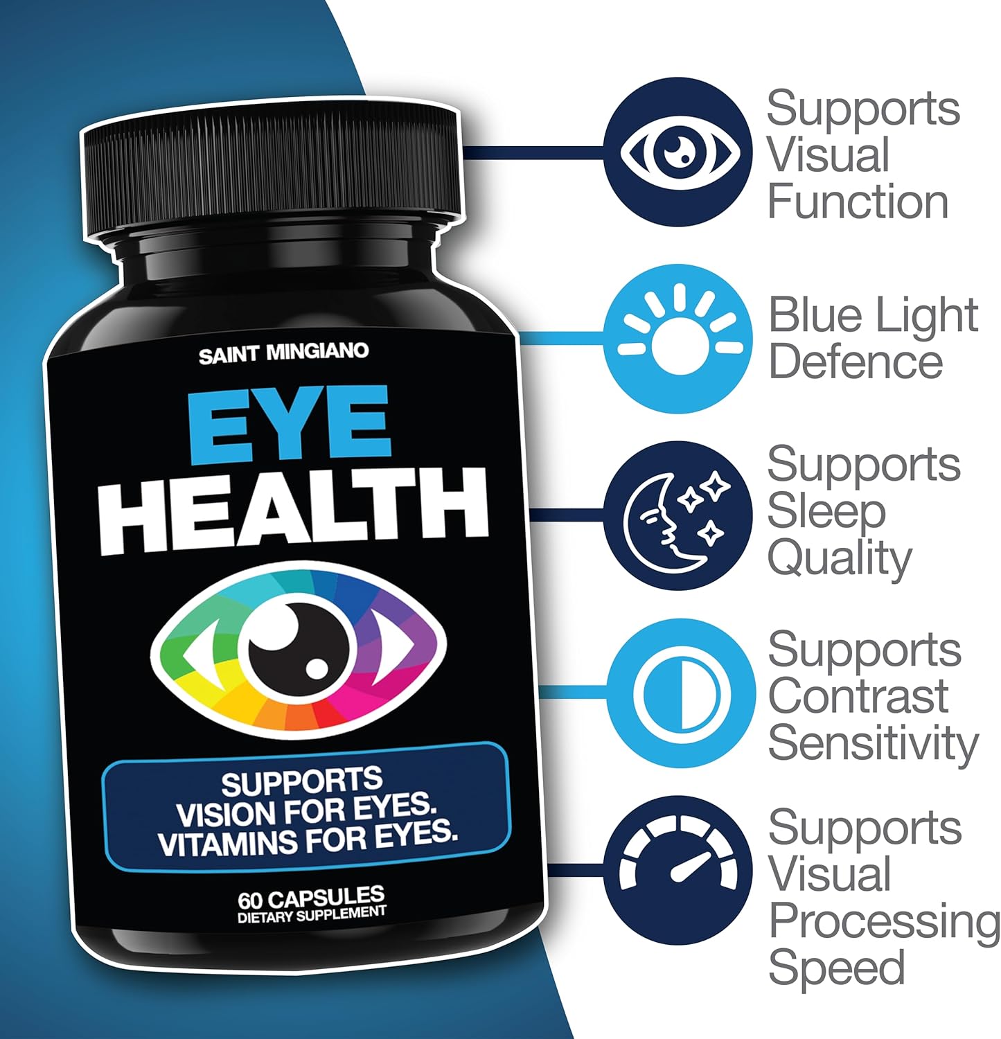 60 Capsules Saint Mingiano Eye Health & Vision Vitamin Supplement - Supports Eye Strain, Dry Eyes, & Vision Health - Promotes Ocular & Macular Health, Aids Blue Light Strain - 14 Active Ingredients