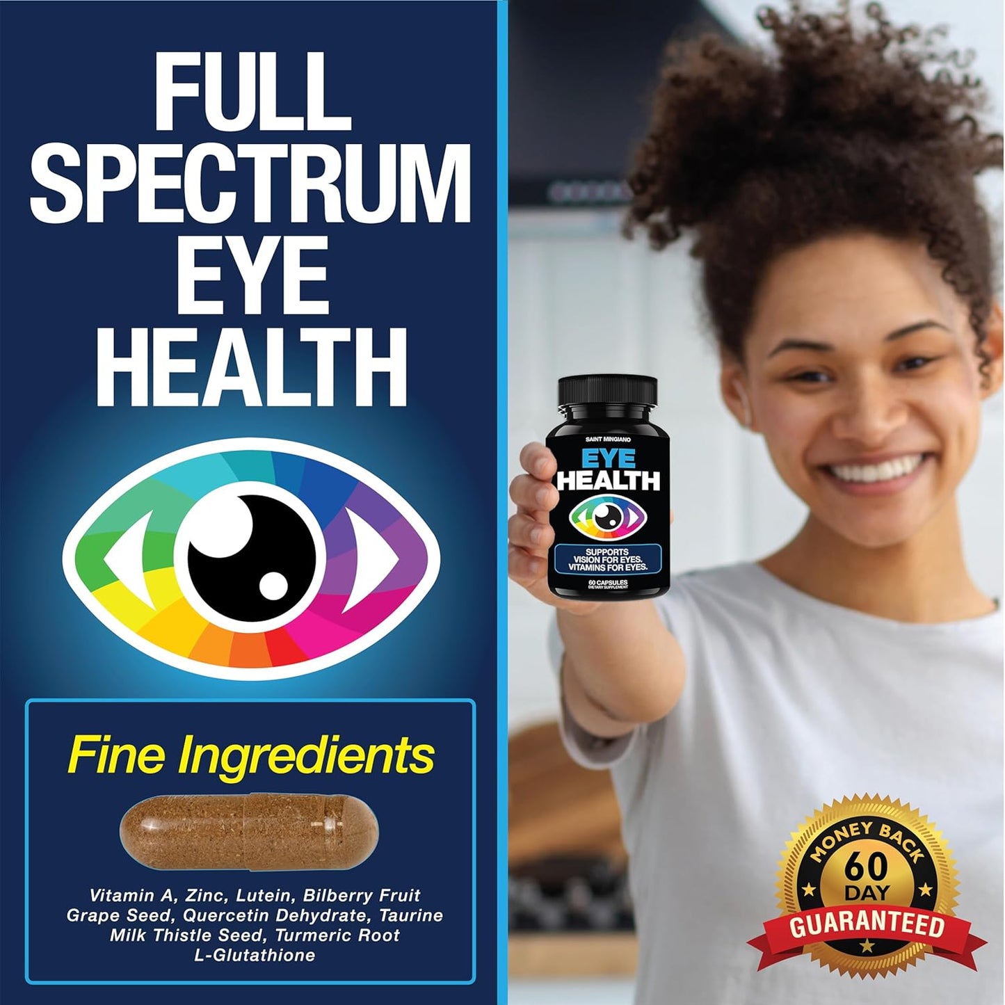 60 Capsules Saint Mingiano Eye Health & Vision Vitamin Supplement - Supports Eye Strain, Dry Eyes, & Vision Health - Promotes Ocular & Macular Health, Aids Blue Light Strain - 14 Active Ingredients