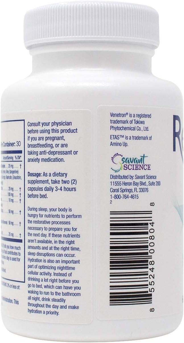 60 Capsules Savant Science RestoreZ Sleep Nutrition - Natural Sleep Aid Supplement for Restoring Restful Sleep and Circadian Balance - Non-Habit Forming Sleep Vitamins