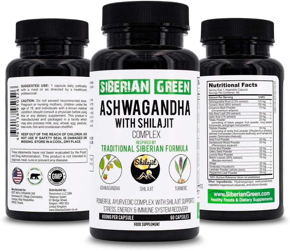 60 Capsules Siberian Green Ashwagandha, Altai Shilajit, and Turmeric Complex for Stress Relief, Energy, and Immune Support