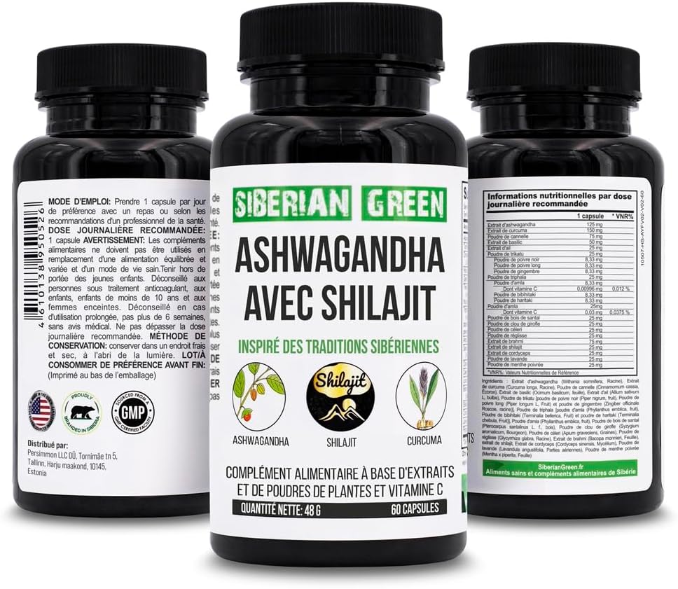 60 Capsules Siberian Green Ashwagandha, Altai Shilajit, and Turmeric Complex for Stress Relief, Energy, and Immune Support